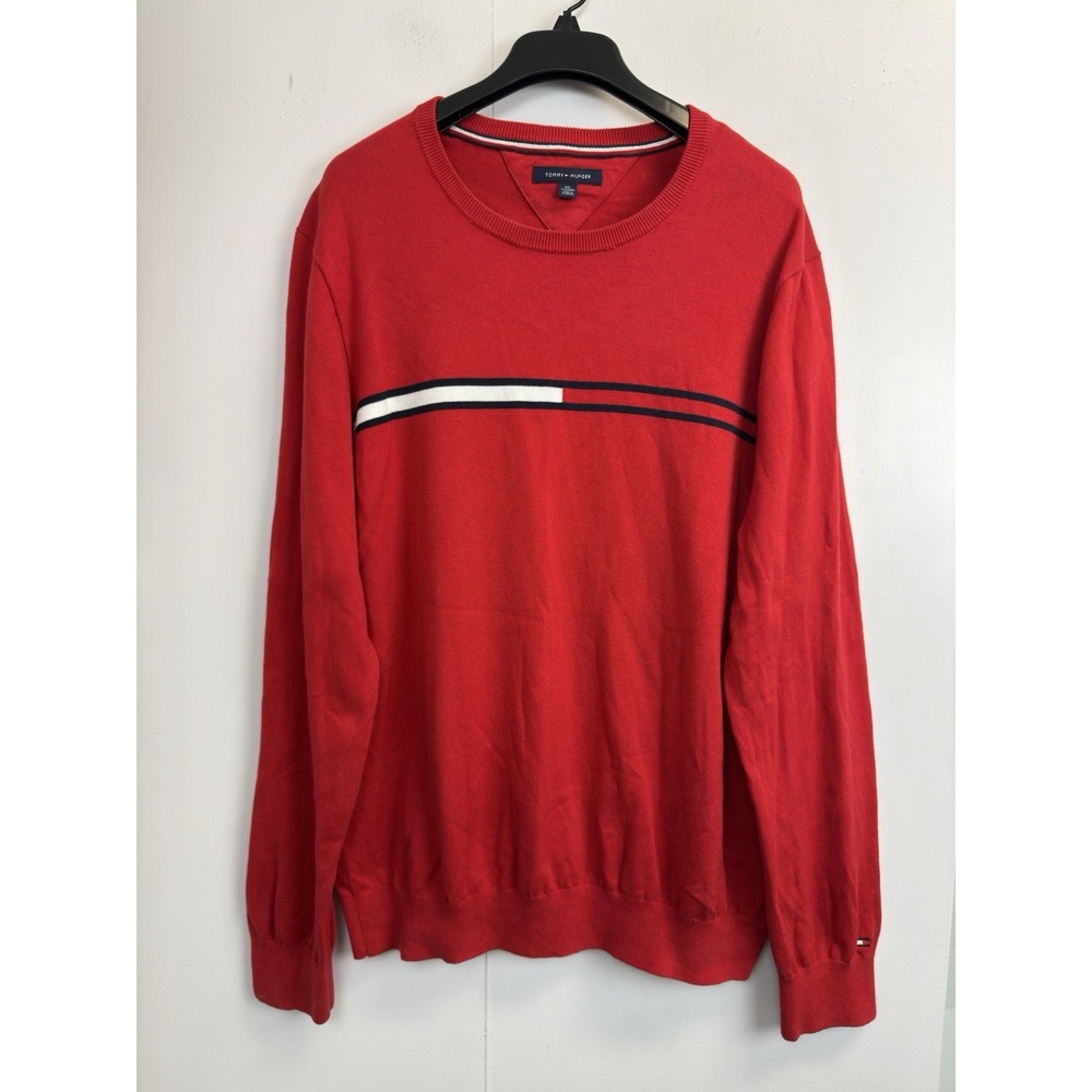 Tommy Hilfiger Men's XXL Sweater Crew Neck Pullover Knit Flag Logo Red Cotton